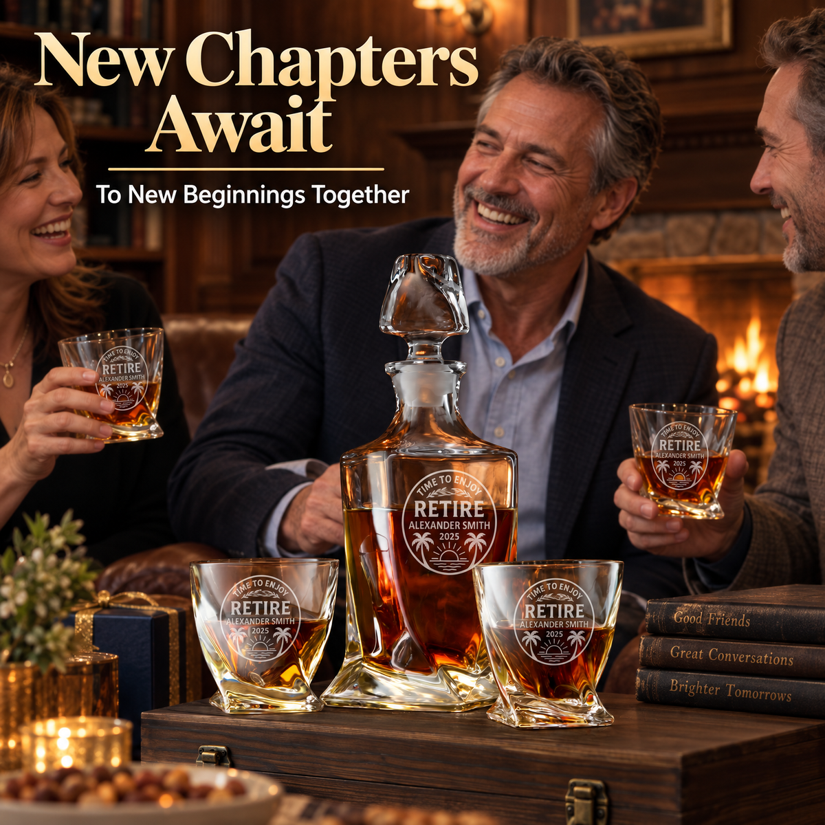 Retirement Gift – Twisted Decanter Set with 2 Glasses, 6 Whiskey Bullets & Wooden Box product image