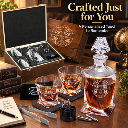 Retirement Gift – Twisted Decanter Set with 2 Glasses, 6 Whiskey Bullets & Wooden Box – image 12