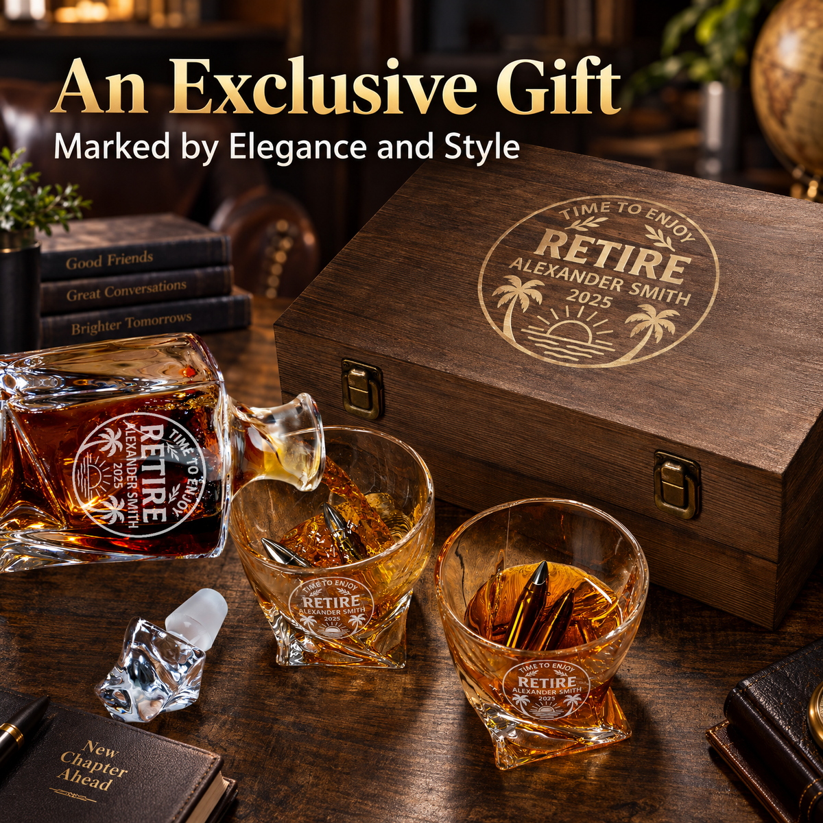 Retirement Gift – Twisted Decanter Set with 2 Glasses, 6 Whiskey Bullets & Wooden Box – image 14