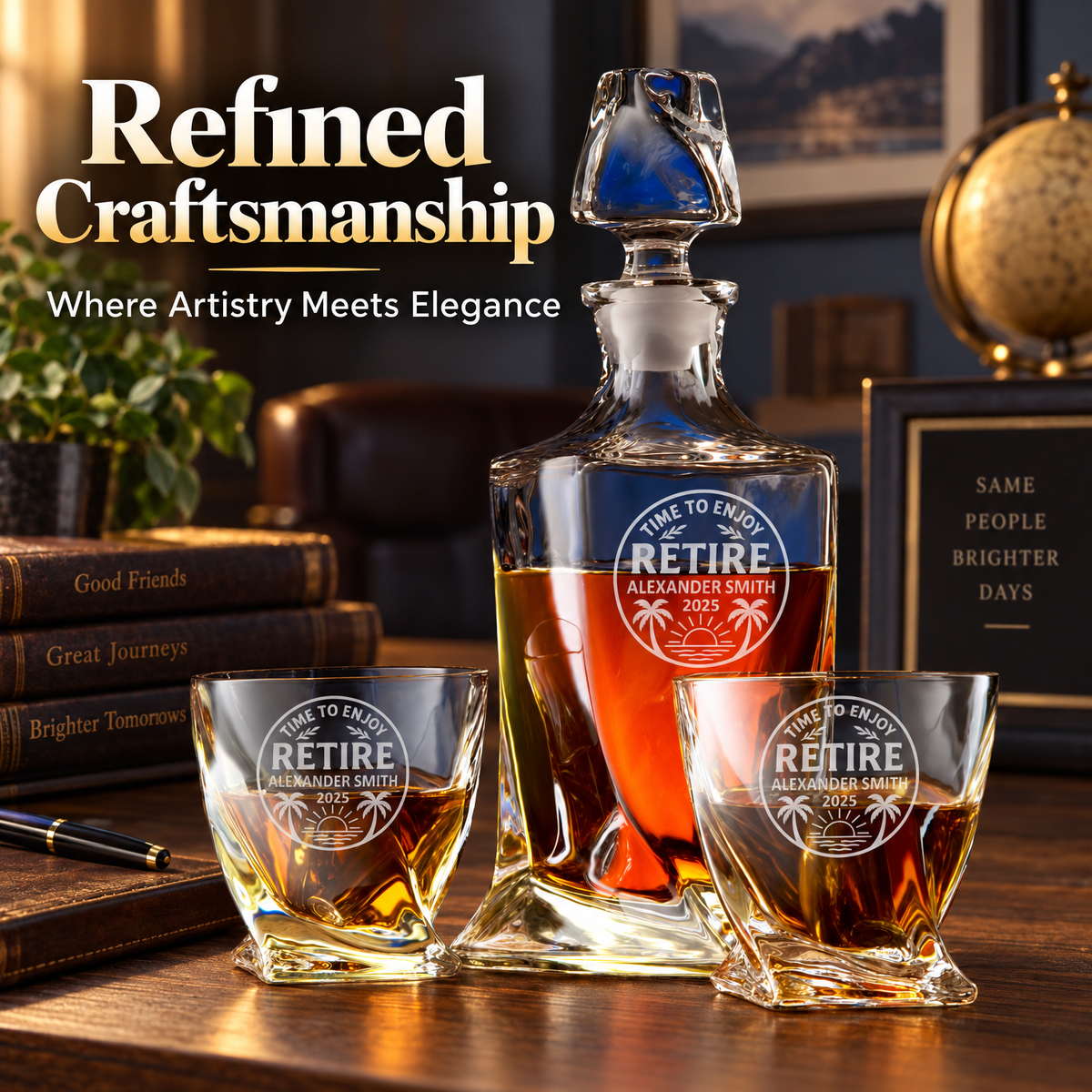 Retirement Gift – Twisted Decanter Set with 2 Glasses, 6 Whiskey Bullets & Wooden Box product image