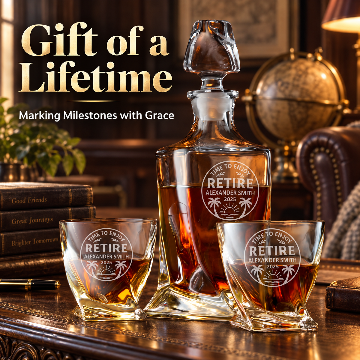 Retirement Gift – Twisted Decanter Set with 2 Glasses, 6 Whiskey Bullets & Wooden Box – image 18