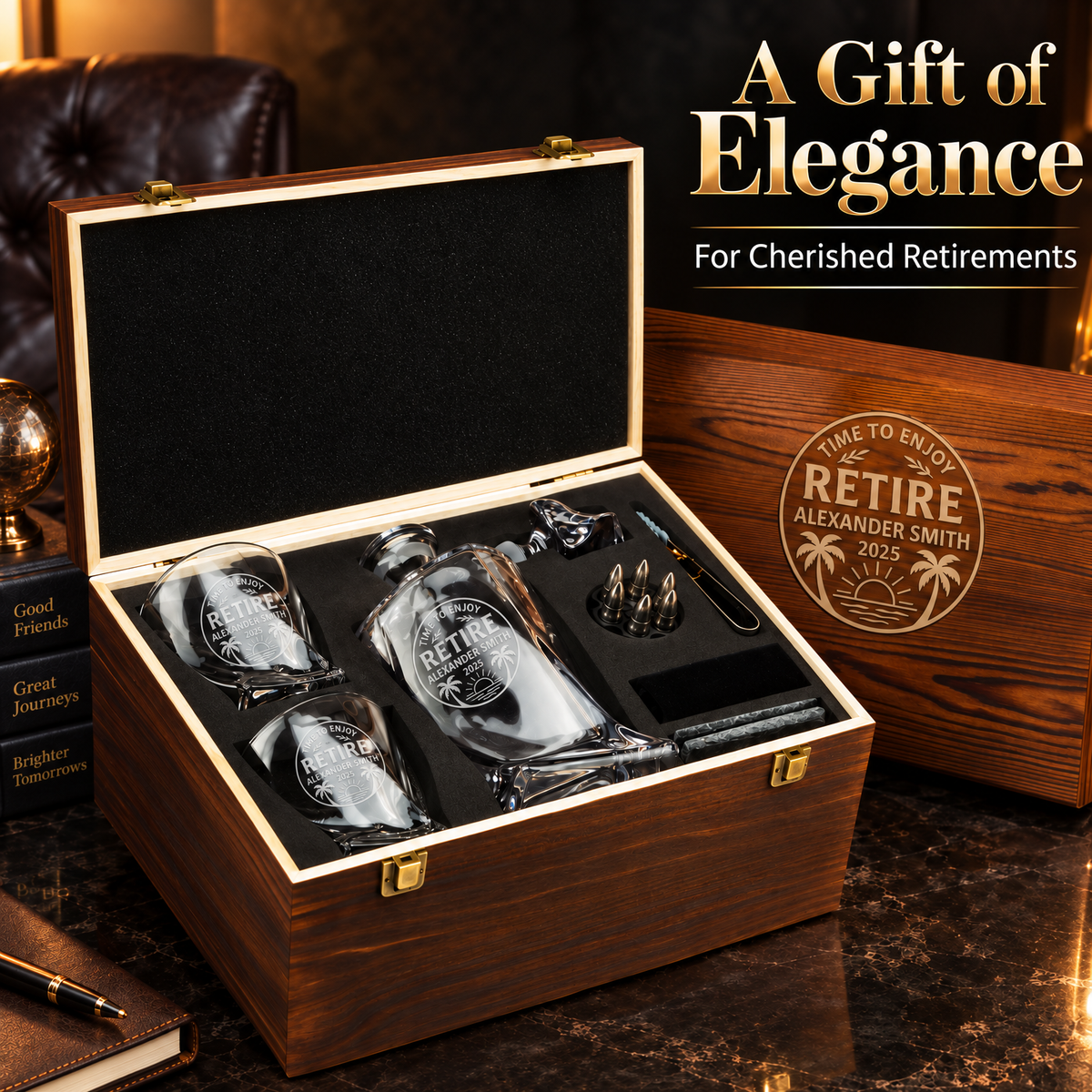 Retirement Gift – Twisted Decanter Set with 2 Glasses, 6 Whiskey Bullets & Wooden Box product image