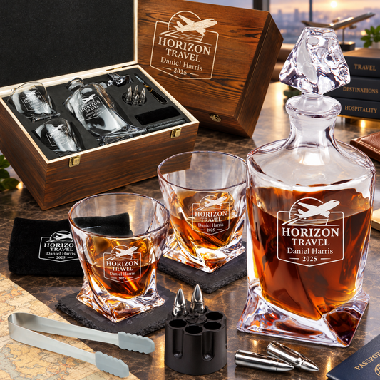 Travel & Hospitality Company Gifts – Twisted Decanter Set with 2 Glasses, 6 Whiskey Bullets & Wooden Box – image 01