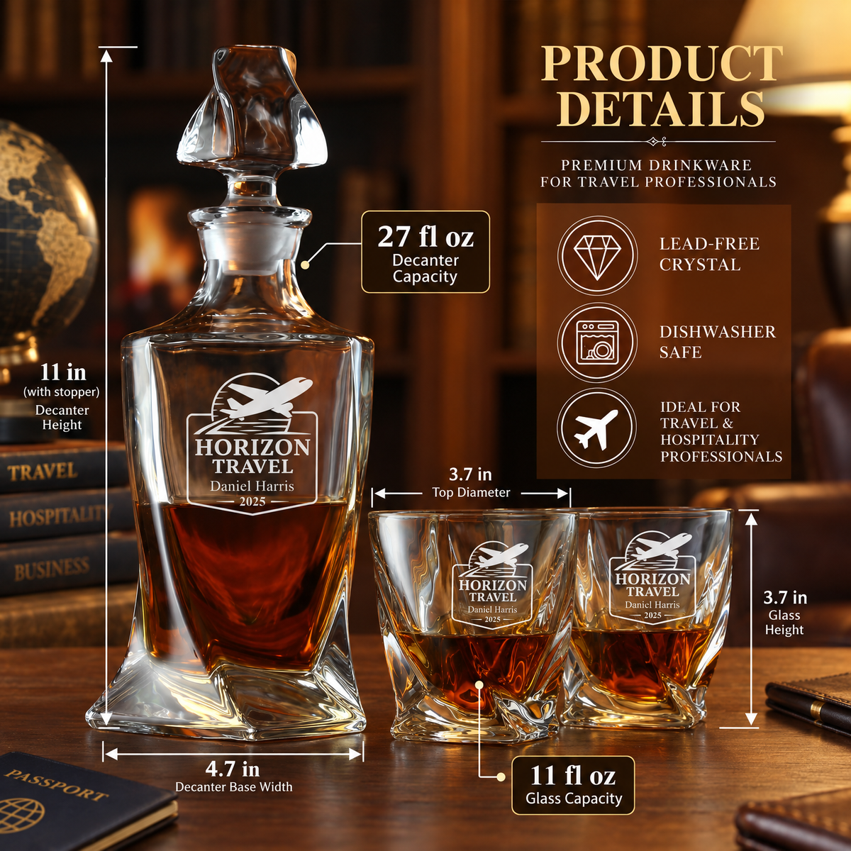 Travel & Hospitality Company Gifts – Twisted Decanter Set with 2 Glasses, 6 Whiskey Bullets & Wooden Box – image 02