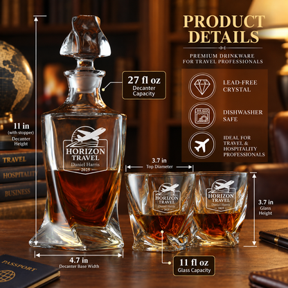 Travel & Hospitality Company Gifts – Twisted Decanter Set with 2 Glasses, 6 Whiskey Bullets & Wooden Box – image 02