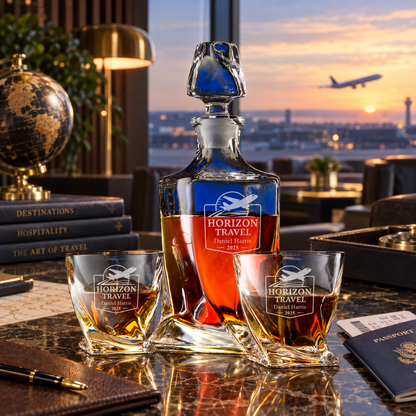 Travel & Hospitality Company Gifts – Twisted Decanter Set with 2 Glasses, 6 Whiskey Bullets & Wooden Box – image 06