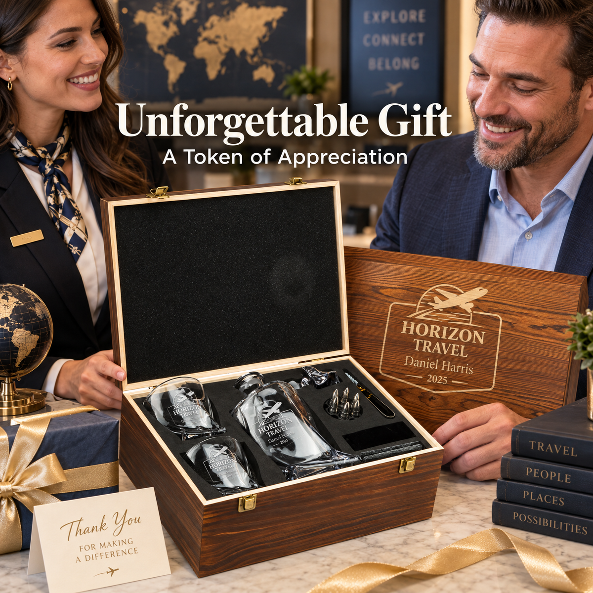 Travel & Hospitality Company Gifts – Twisted Decanter Set with 2 Glasses, 6 Whiskey Bullets & Wooden Box – image 07