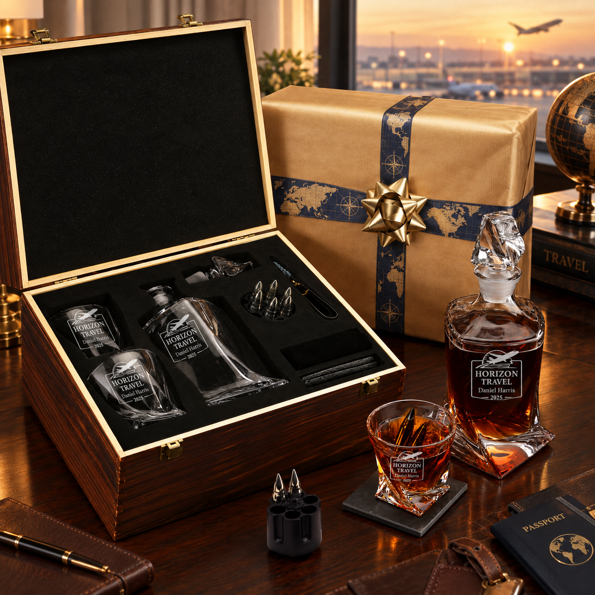 Travel & Hospitality Company Gifts – Twisted Decanter Set with 2 Glasses, 6 Whiskey Bullets & Wooden Box – image 08