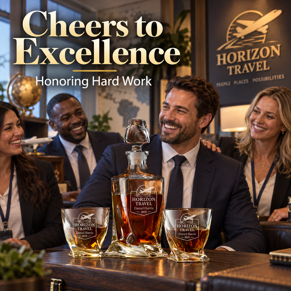 Travel & Hospitality Company Gifts – Twisted Decanter Set with 2 Glasses, 6 Whiskey Bullets & Wooden Box product image