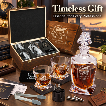 Travel & Hospitality Company Gifts – Twisted Decanter Set with 2 Glasses, 6 Whiskey Bullets & Wooden Box – image 12