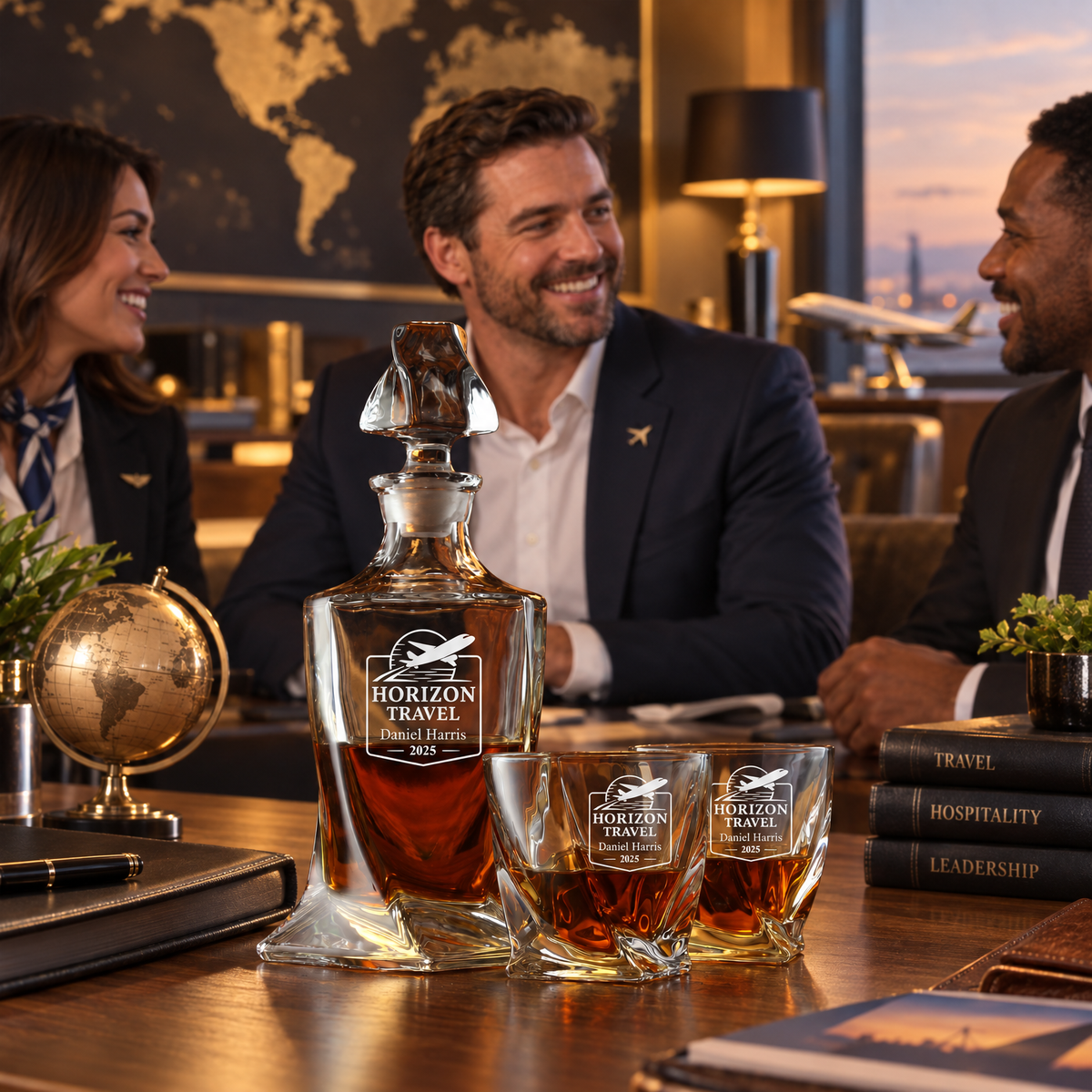 Travel & Hospitality Company Gifts – Twisted Decanter Set with 2 Glasses, 6 Whiskey Bullets & Wooden Box product image