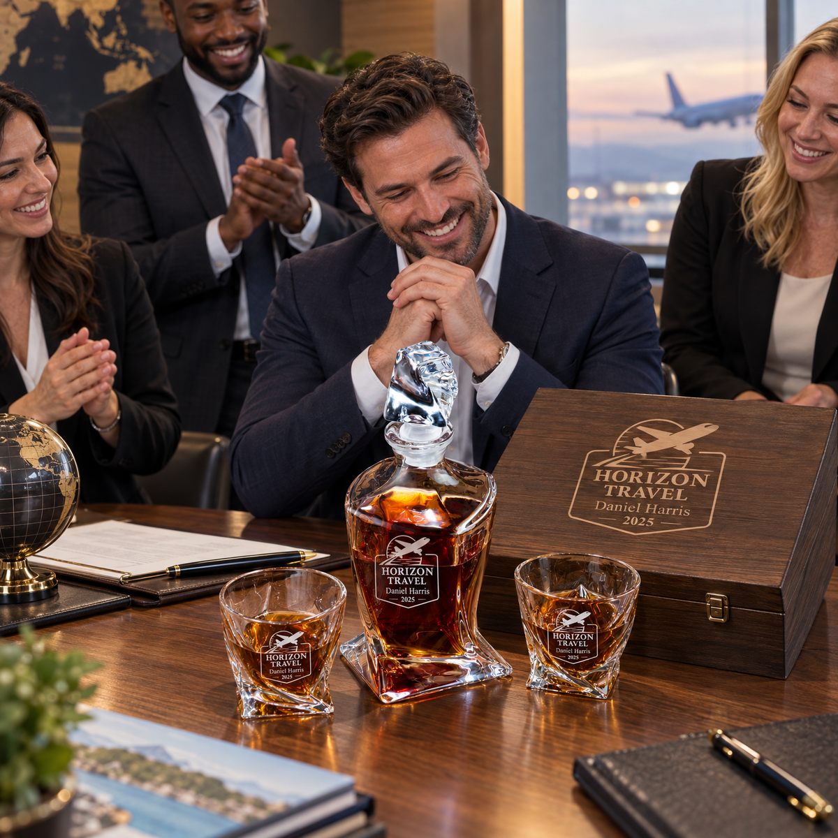 Travel & Hospitality Company Gifts – Twisted Decanter Set with 2 Glasses, 6 Whiskey Bullets & Wooden Box product image