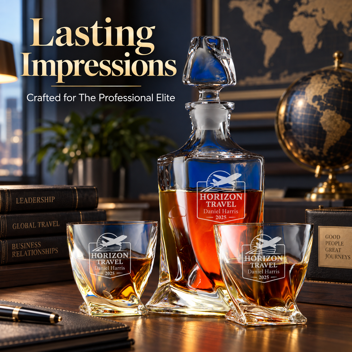 Travel & Hospitality Company Gifts – Twisted Decanter Set with 2 Glasses, 6 Whiskey Bullets & Wooden Box – image 16
