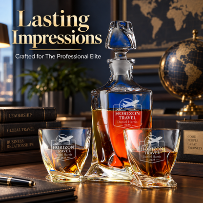 Travel & Hospitality Company Gifts – Twisted Decanter Set with 2 Glasses, 6 Whiskey Bullets & Wooden Box – image 16