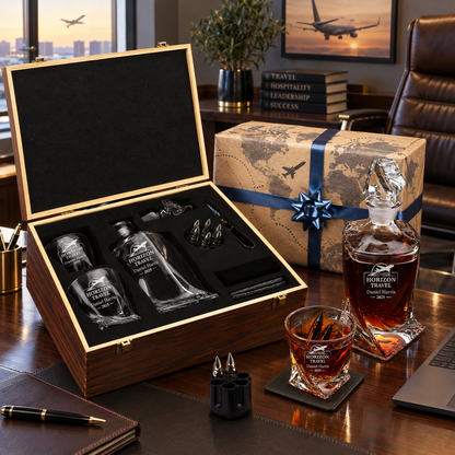 Travel & Hospitality Company Gifts – Twisted Decanter Set with 2 Glasses, 6 Whiskey Bullets & Wooden Box – image 17