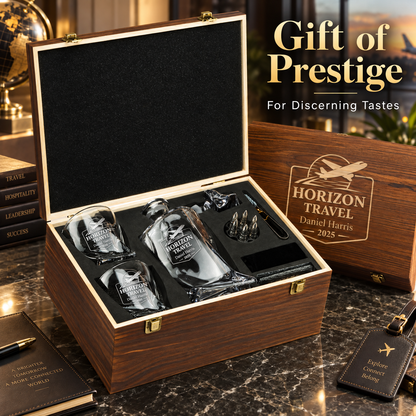 Travel & Hospitality Company Gifts – Twisted Decanter Set with 2 Glasses, 6 Whiskey Bullets & Wooden Box – image 20