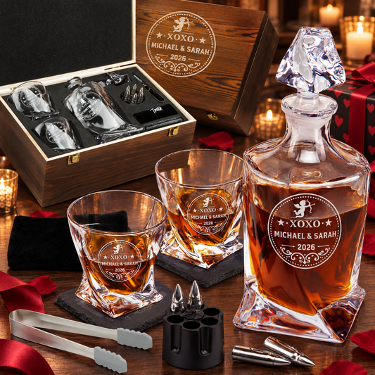 Valentine's Day Gift – Twisted Decanter Set with 2 Glasses, 6 Whiskey Bullets & Wooden Box – image 01