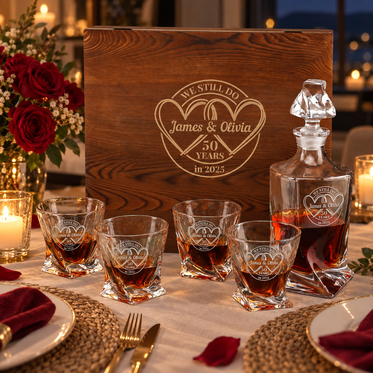 Anniversary Gift – Twisted Decanter Set with 4 Glasses & Wooden Box product image