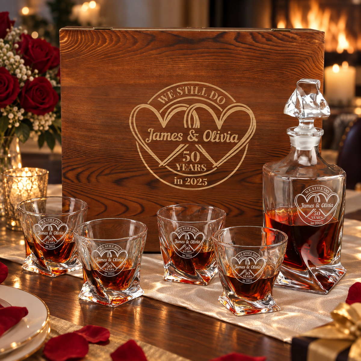 Anniversary Gift – Twisted Decanter Set with 4 Glasses & Wooden Box product image