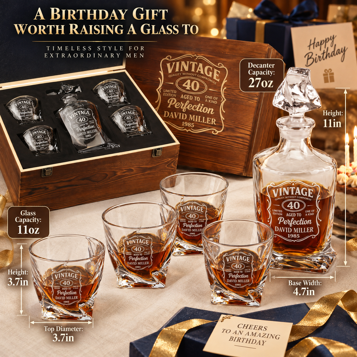 Birthday Gift – Twisted Decanter Set with 4 Glasses & Wooden Box – image 02