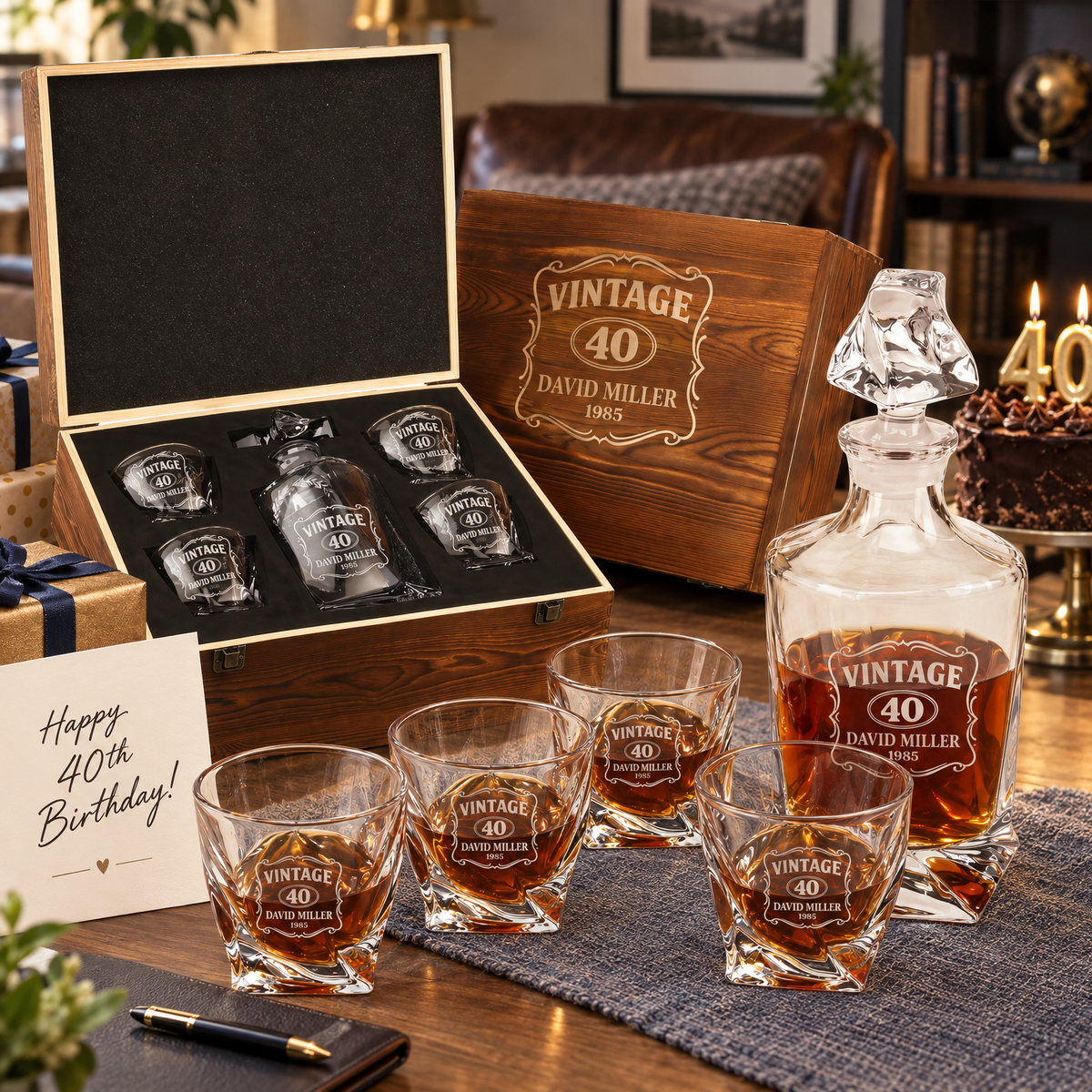 Birthday Gift – Twisted Decanter Set with 4 Glasses & Wooden Box product image