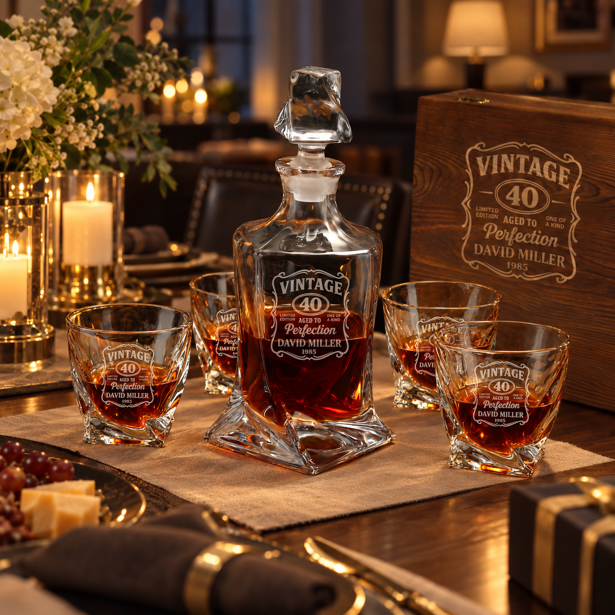 Birthday Gift – Twisted Decanter Set with 4 Glasses & Wooden Box product image