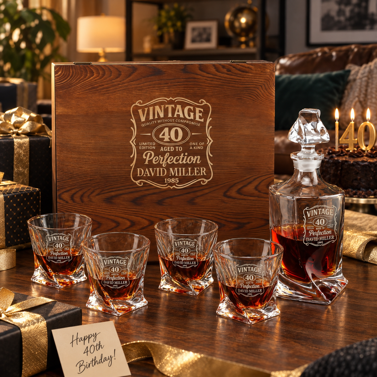 Birthday Gift – Twisted Decanter Set with 4 Glasses & Wooden Box product image