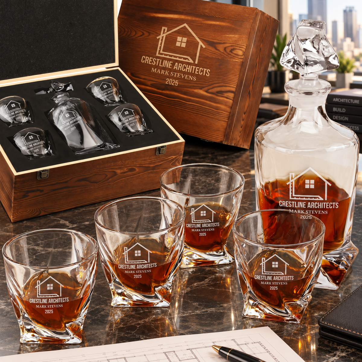 Construction Company Gifts – Twisted Decanter Set with 4 Glasses & Wooden Box product image