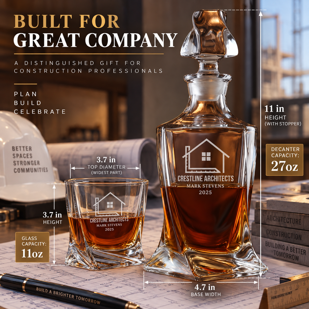 Construction Company Gifts – Twisted Decanter Set with 4 Glasses & Wooden Box – image 02