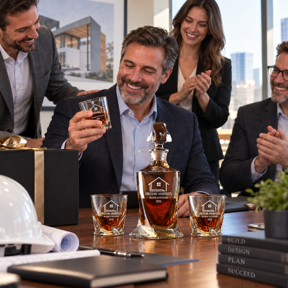 Construction Company Gifts – Twisted Decanter Set with 4 Glasses & Wooden Box – image 03