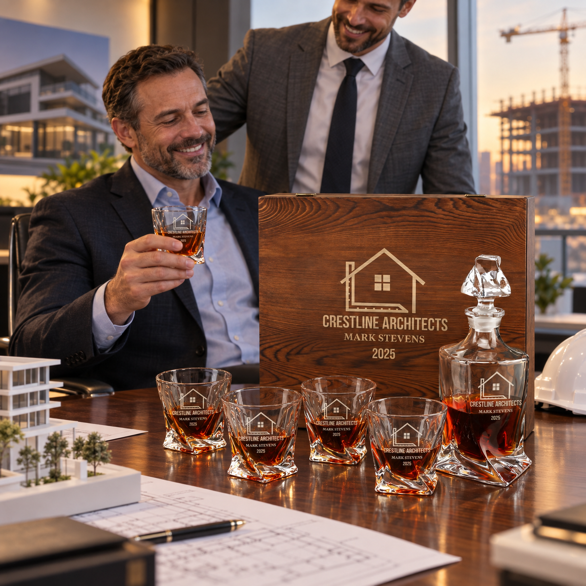 Construction Company Gifts – Twisted Decanter Set with 4 Glasses & Wooden Box product image