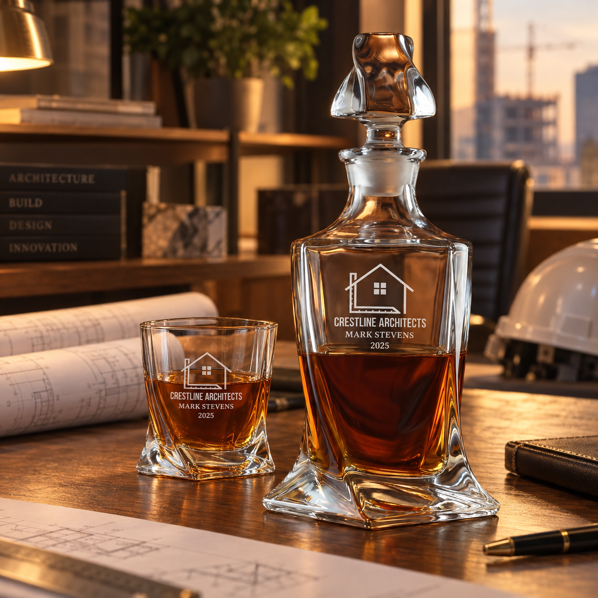Construction Company Gifts – Twisted Decanter Set with 4 Glasses & Wooden Box – image 06