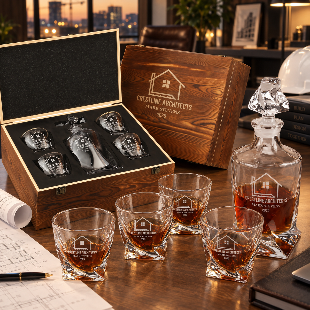 Construction Company Gifts – Twisted Decanter Set with 4 Glasses & Wooden Box – image 08
