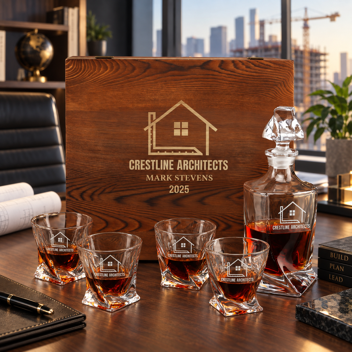 Construction Company Gifts – Twisted Decanter Set with 4 Glasses & Wooden Box – image 12