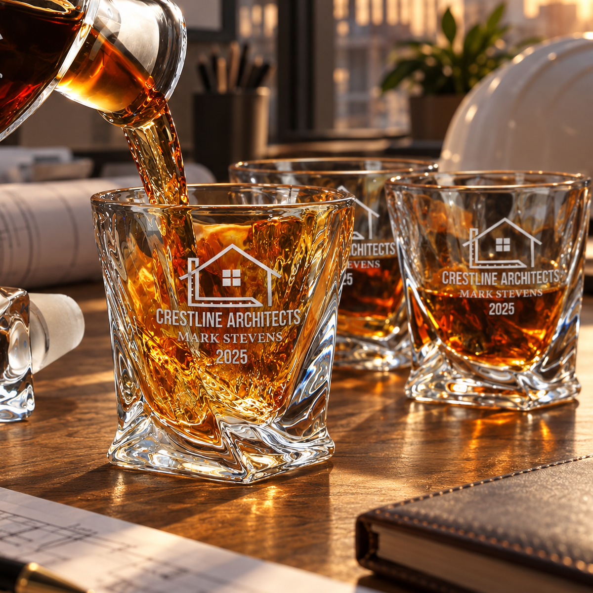 Construction Company Gifts – Twisted Decanter Set with 4 Glasses & Wooden Box – image 14