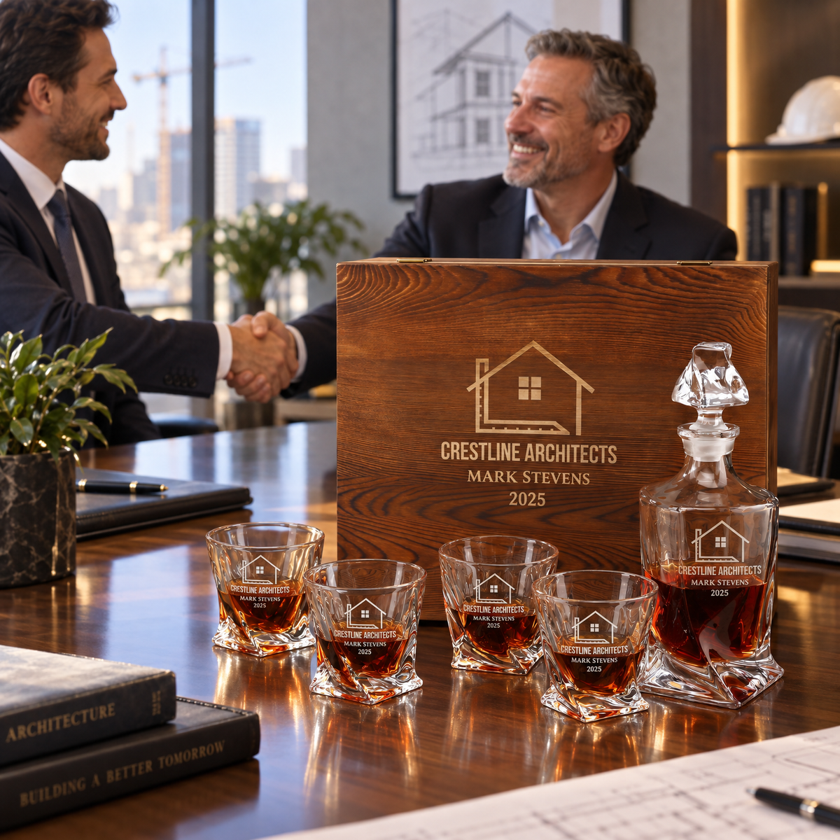 Construction Company Gifts – Twisted Decanter Set with 4 Glasses & Wooden Box – image 16