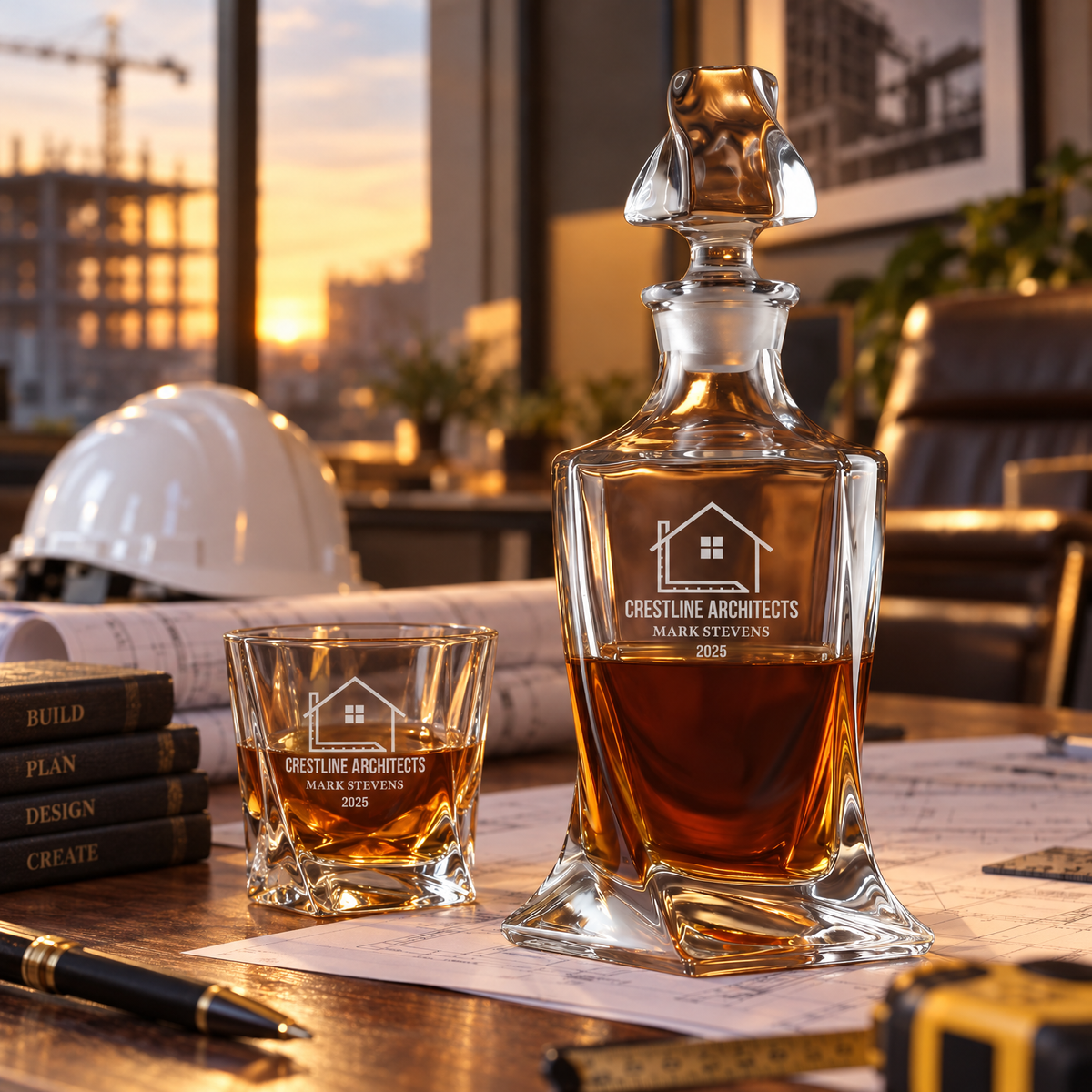 Construction Company Gifts – Twisted Decanter Set with 4 Glasses & Wooden Box – image 18