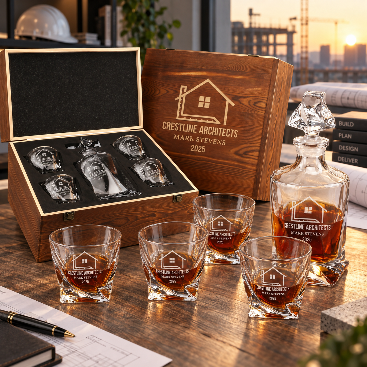 Construction Company Gifts – Twisted Decanter Set with 4 Glasses & Wooden Box product image