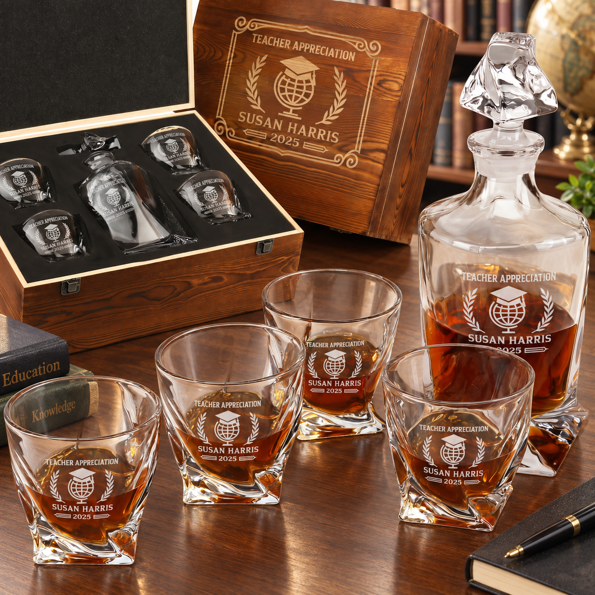 Education Company Gifts – Twisted Decanter Set with 4 Glasses & Wooden Box – image 01