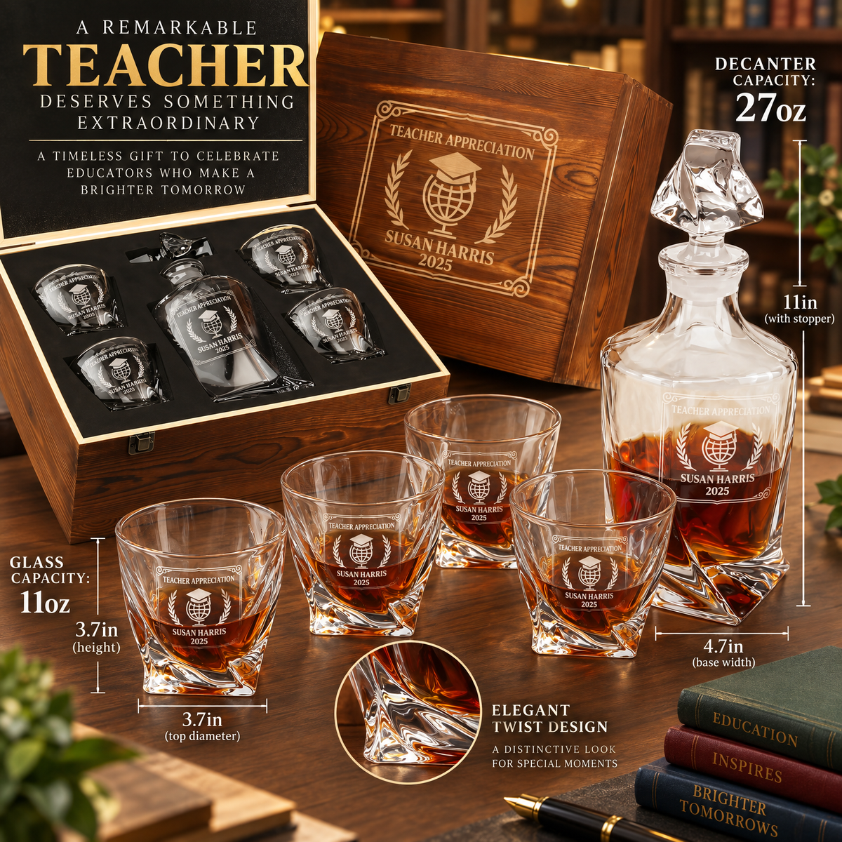 Education Company Gifts – Twisted Decanter Set with 4 Glasses & Wooden Box – image 02