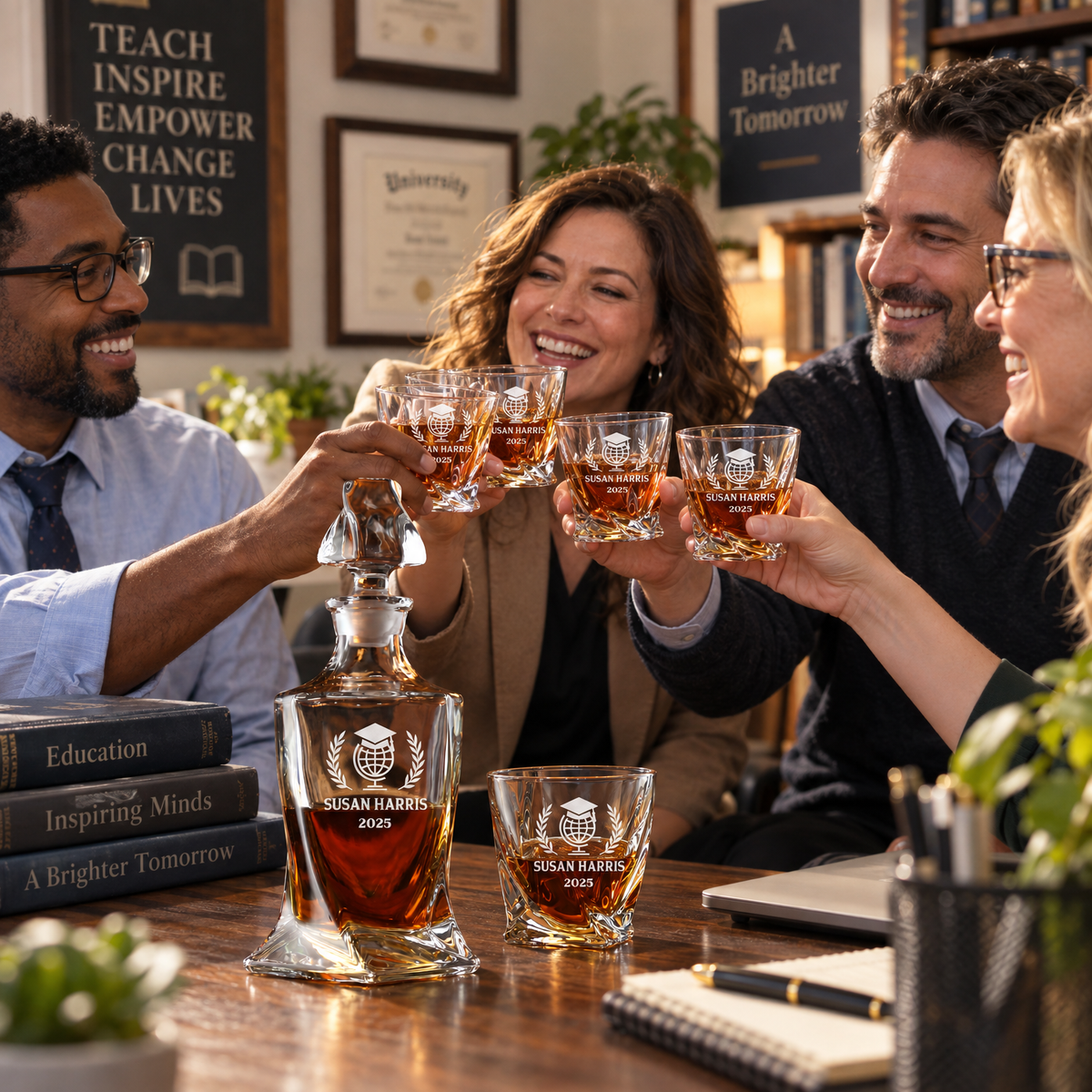Education Company Gifts – Twisted Decanter Set with 4 Glasses & Wooden Box – image 05