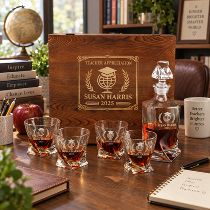 Education Company Gifts – Twisted Decanter Set with 4 Glasses & Wooden Box – image 12