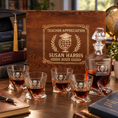 Education Company Gifts – Twisted Decanter Set with 4 Glasses & Wooden Box – image 16