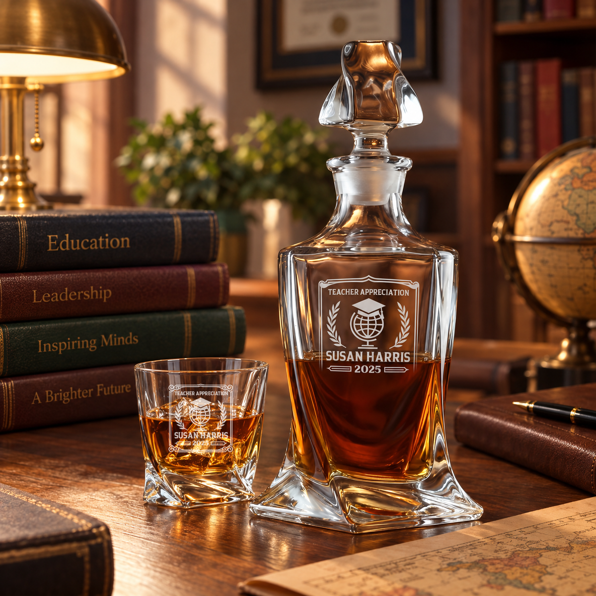 Education Company Gifts – Twisted Decanter Set with 4 Glasses & Wooden Box product image
