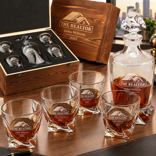 Real Estate Company Gifts – Twisted Decanter Set with 4 Glasses & Wooden Box – image 01