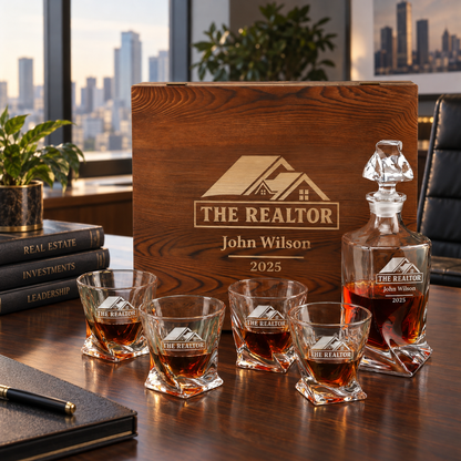 Real Estate Company Gifts – Twisted Decanter Set with 4 Glasses & Wooden Box – image 04