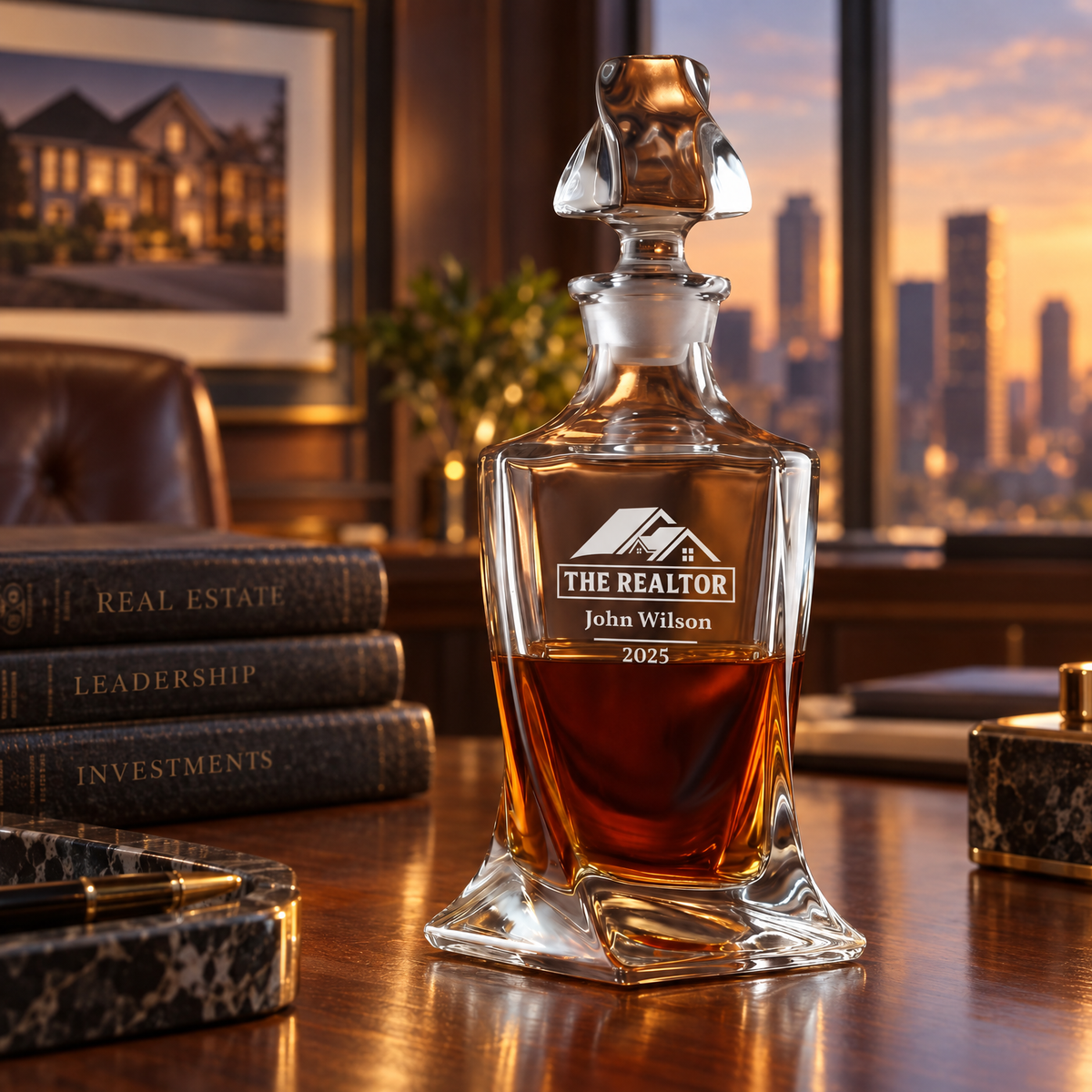 Real Estate Company Gifts – Twisted Decanter Set with 4 Glasses & Wooden Box product image