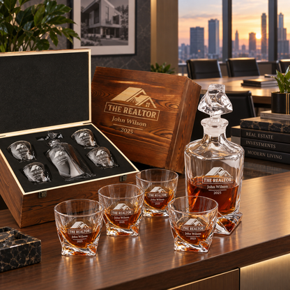 Real Estate Company Gifts – Twisted Decanter Set with 4 Glasses & Wooden Box – image 08