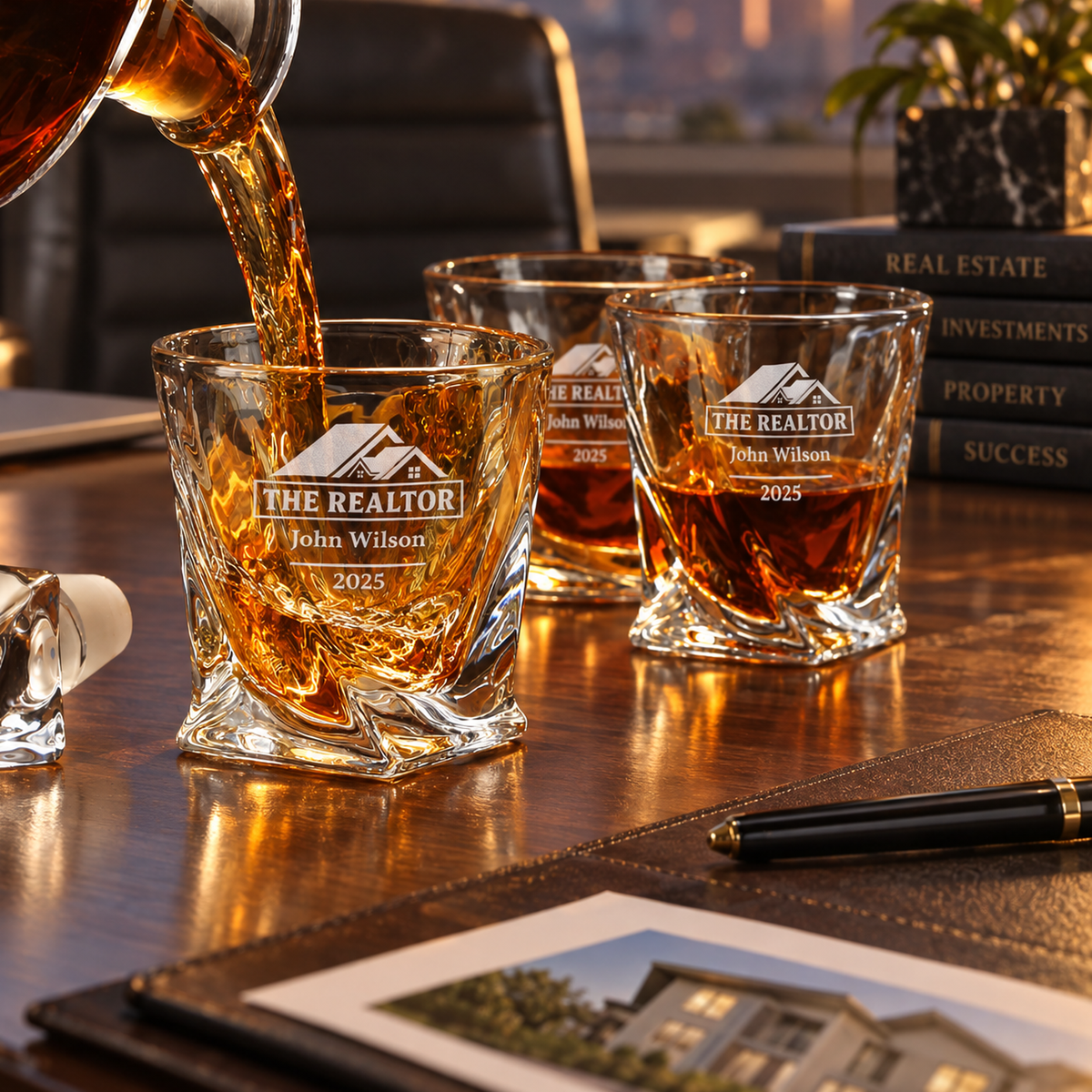 Real Estate Company Gifts – Twisted Decanter Set with 4 Glasses & Wooden Box – image 14