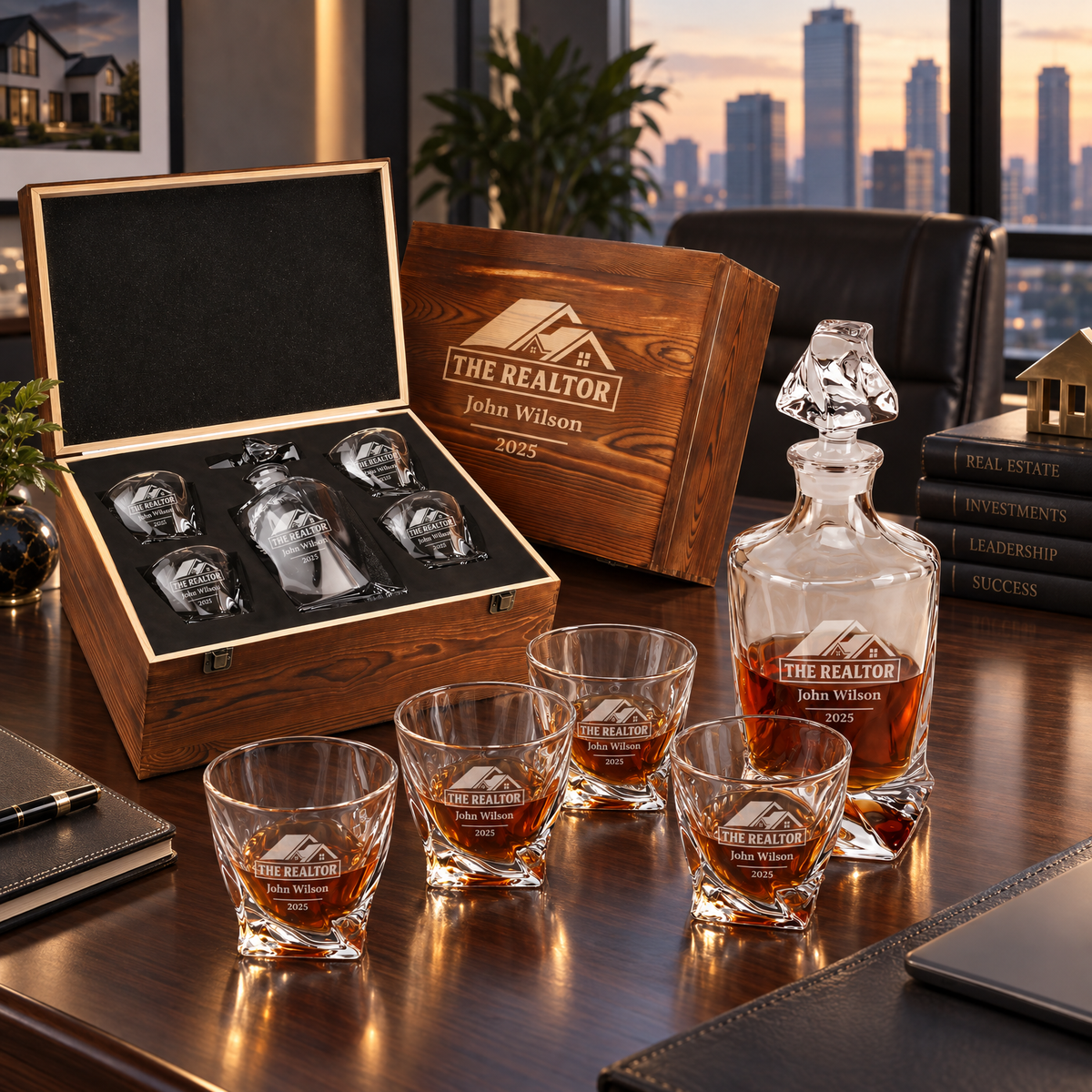Real Estate Company Gifts – Twisted Decanter Set with 4 Glasses & Wooden Box – image 16